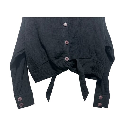 Free People Tie Front Button Down Blouse Large Black Gauze Long Sleeve Dark Boho - Picture 8 of 15